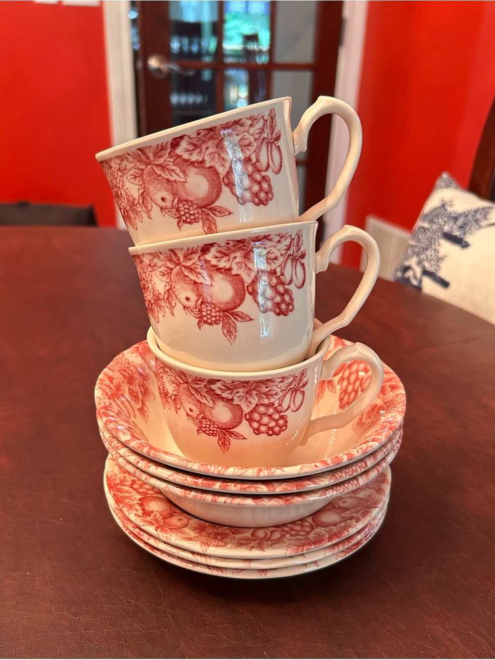 Vintage Libbey 'Rose Eden Fruit' pattern ceramic bowls and cups with saucers.